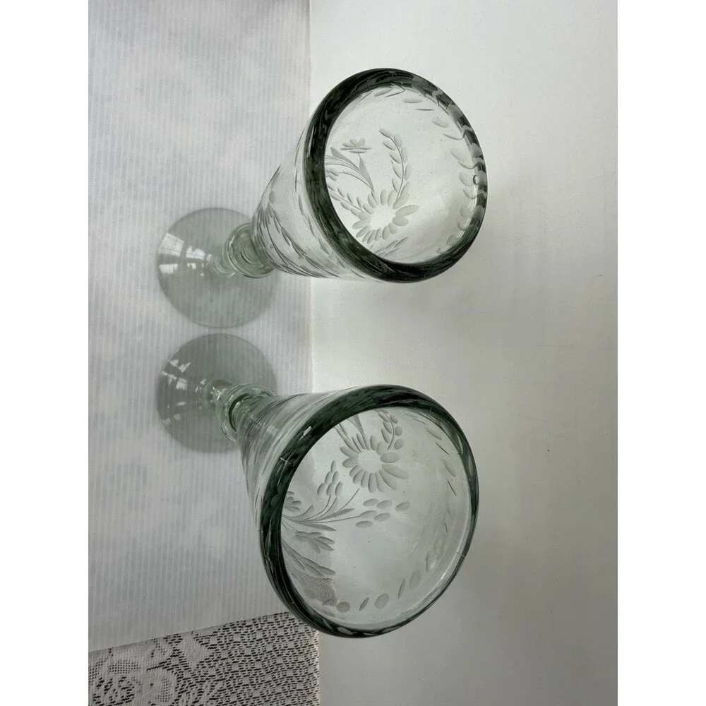 Rios Interiors Hand Blown Etched Champagne Flutes Set of 2 Floral Glass 10” Boho